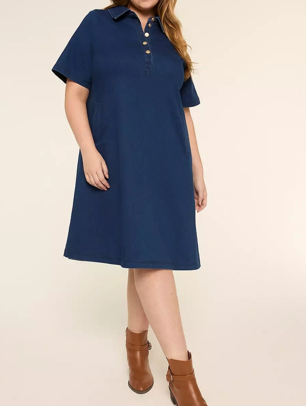 EUC Short-Sleeve Collared Knit Denim Dress